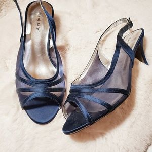 David Tate Navy Blue Mesh Slingback Peeptoe Heels